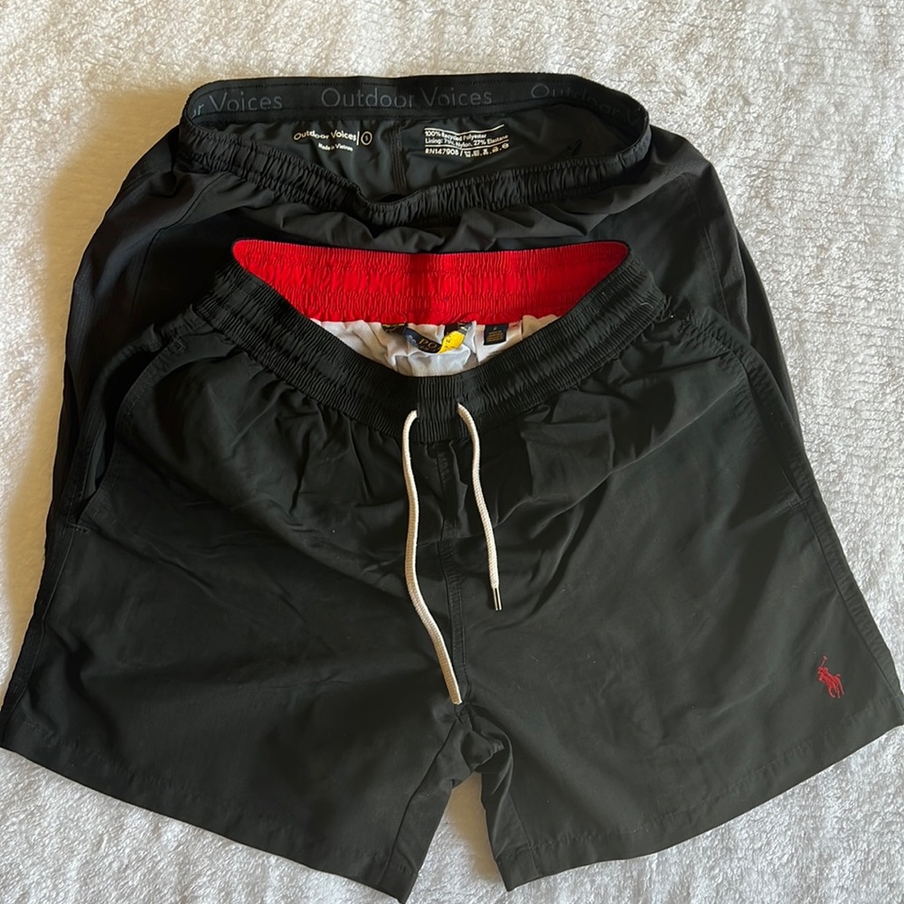 Two items: Polo Ralph Lauren black shorts. Outdoor Voice black shorts.